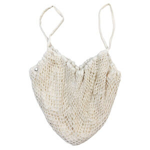 Mesh Grocery Net Tote Bags Beige 100% Cotton Washable Foldable Long Handle